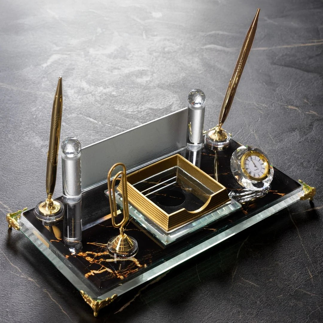 Marble-Pattern Gold Crystal Glass Desk Nameplate – Executive Office Nameplate with Dual Pen Holder