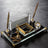 Marble-Pattern Gold Crystal Glass Desk Nameplate – Executive Office Nameplate with Dual Pen Holder