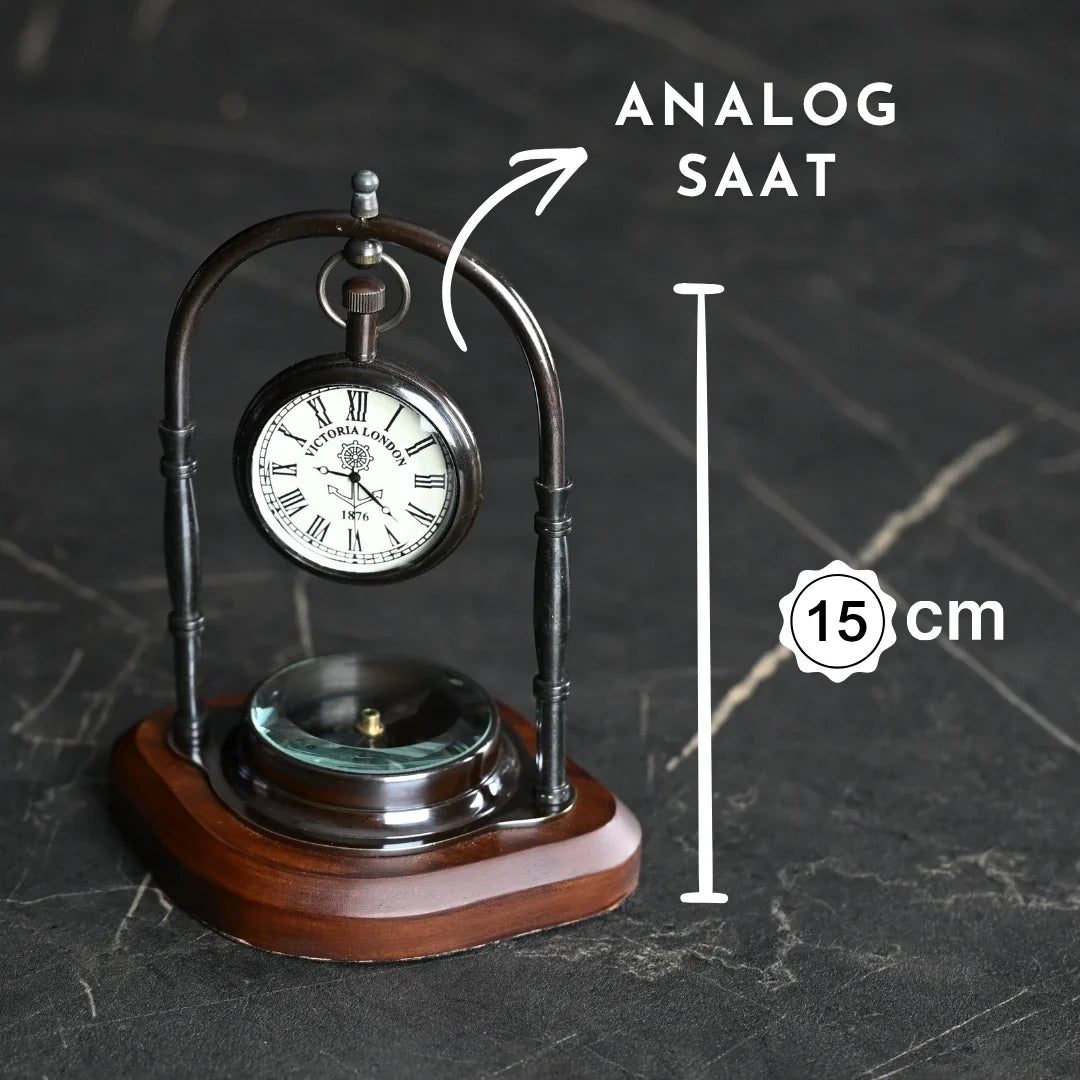 Vintage Wood & Metal Desk Clock with Compass – 5.9"