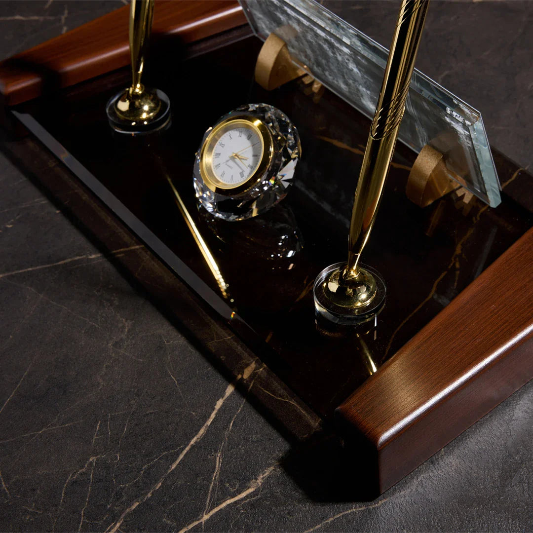 Brown | Crystal Desk Nameplate Set with Wood Base – Gold Detail