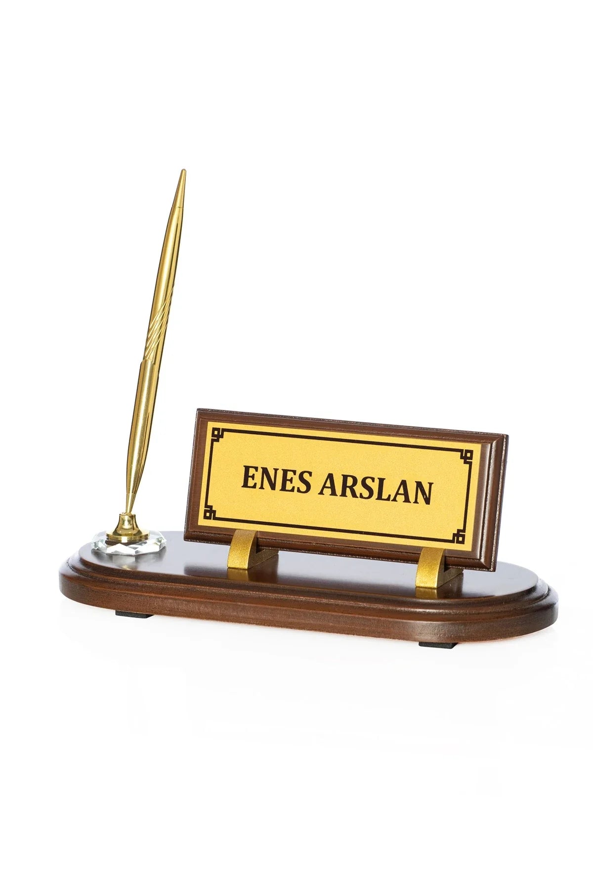 Brown Wooden Desk Nameplate Set with Single Pen Holder – Personalized