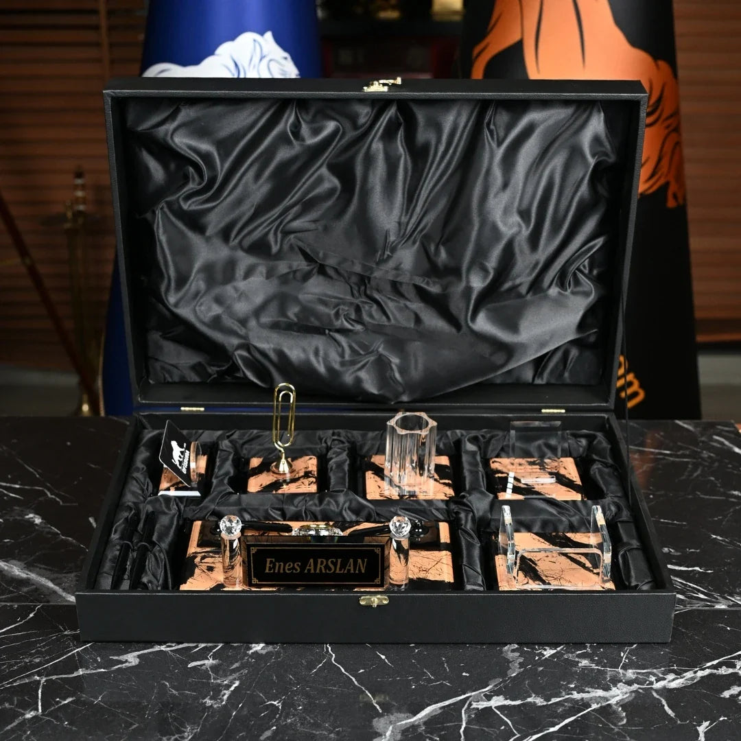 Napolion | Gift-Boxed 6-Piece Crystal Executive Desk Set with Personalized Nameplate – Orange & Gold
