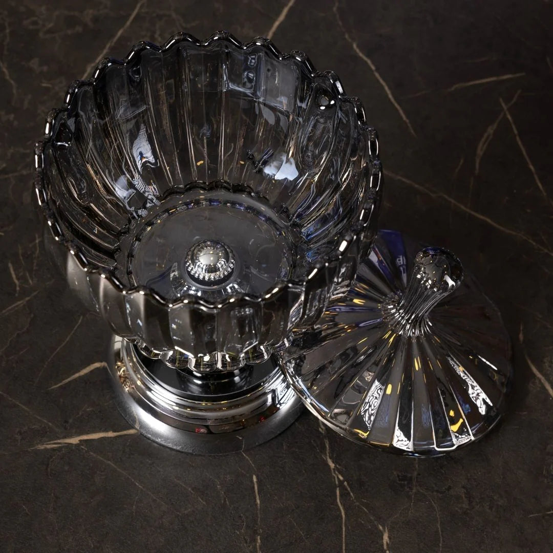 Footed Crystal Glass Candy Dish with Lid – Silver, 9.8"