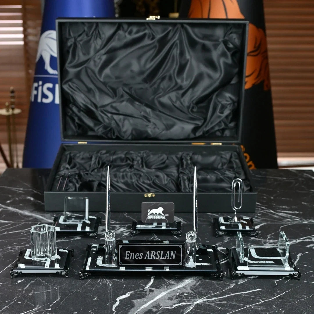 Piano Black | Gift-Boxed 6-Piece Crystal Executive Desk Set with Personalized Nameplate – Black & Silver