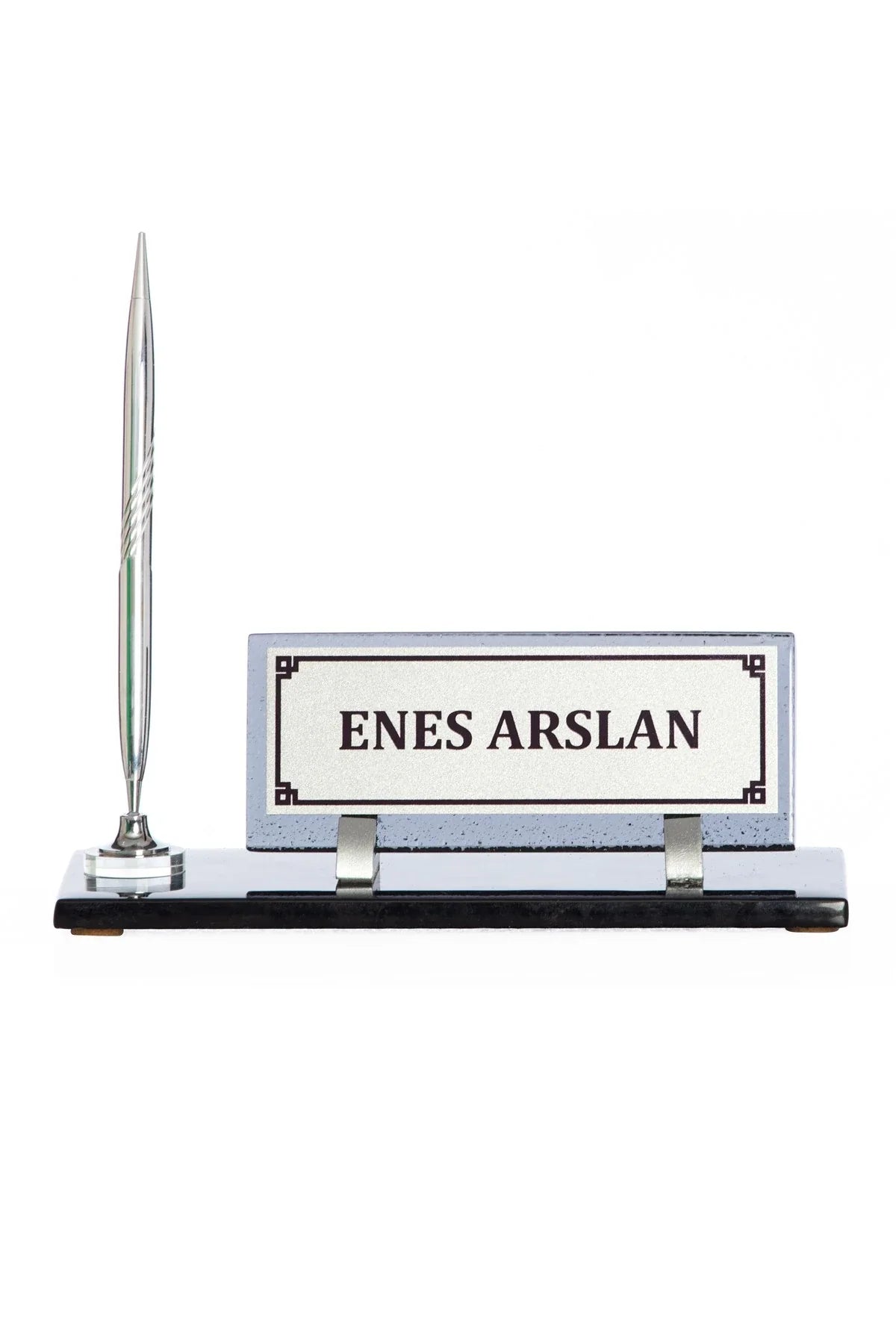 Silver Crystal Glass Desk Nameplate Set with Single Pen Holder – Personalized