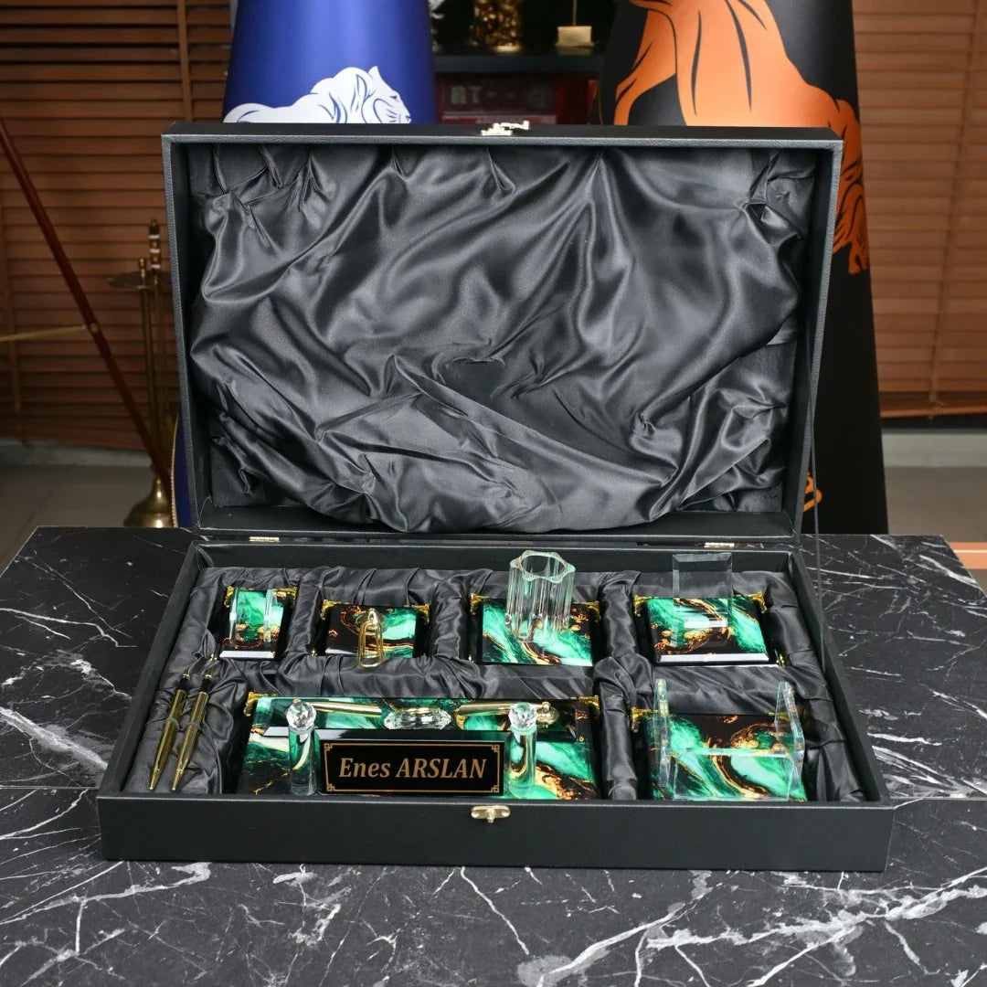 Emerald | Gift-Boxed 6-Piece Crystal Executive Desk Set with Personalized Nameplate – Green & Gold