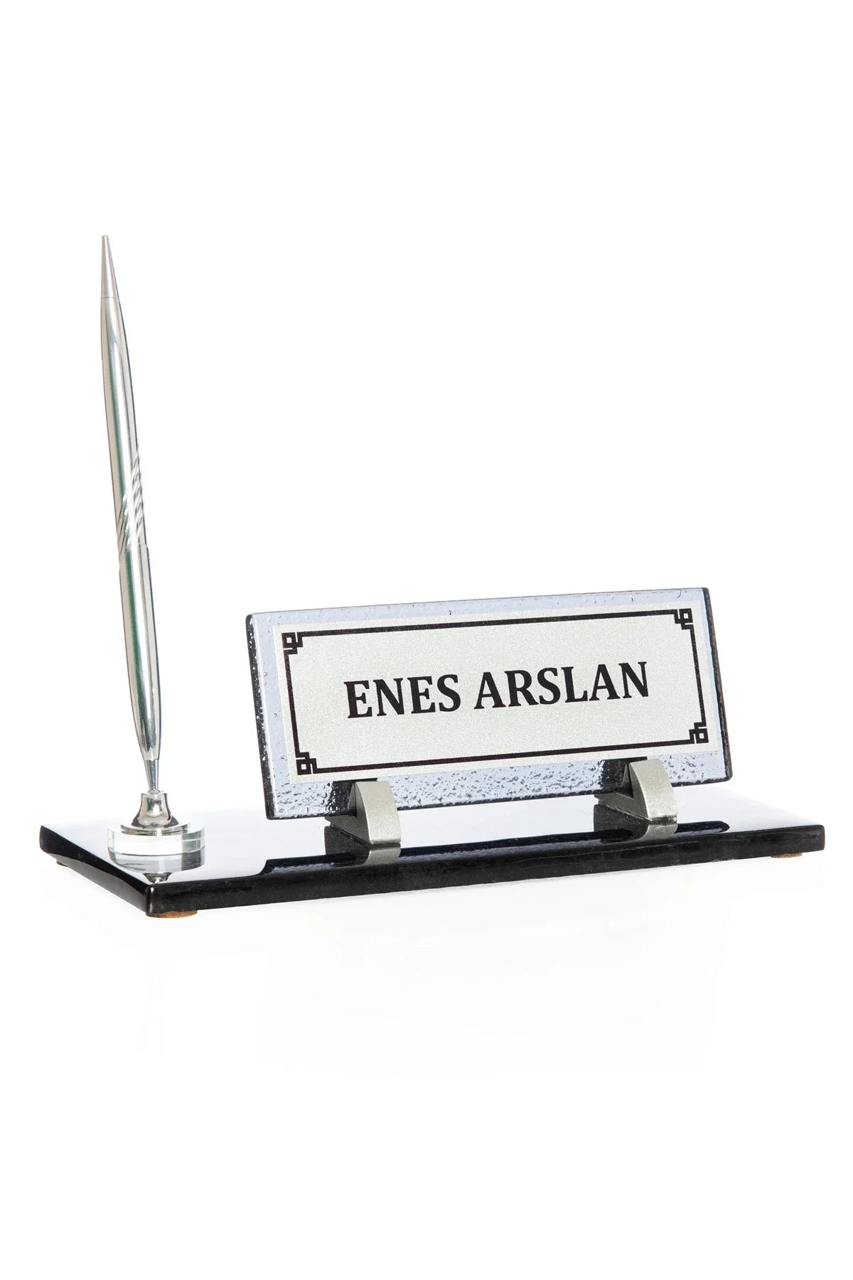 Silver Crystal Glass Desk Nameplate Set with Single Pen Holder – Personalized