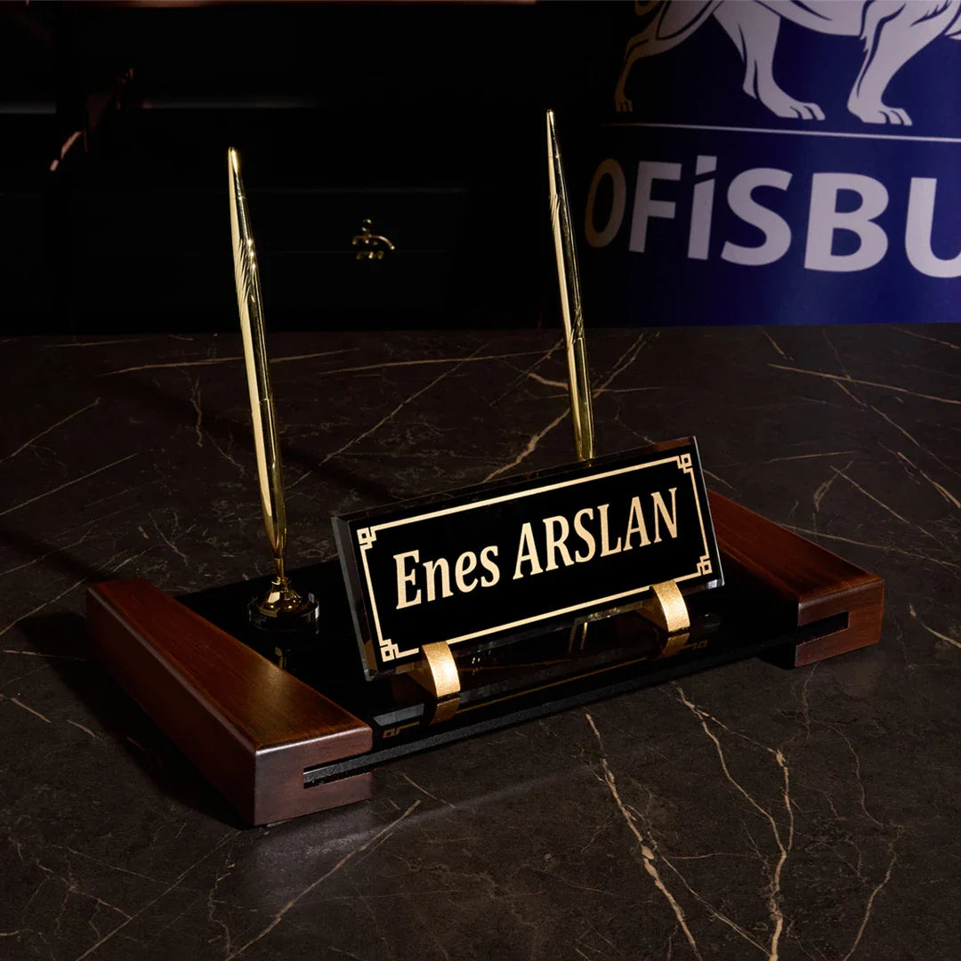 Brown | Crystal Desk Nameplate Set with Wood Base – Gold Detail