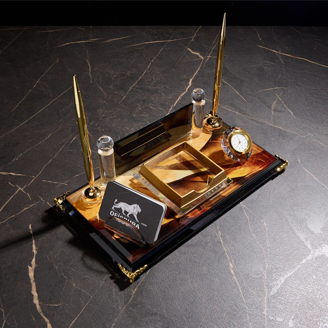 Siena Crystal Desktop Nameplate Set with Clock, Notepad Holder & Dual Pen Holder – Personalized