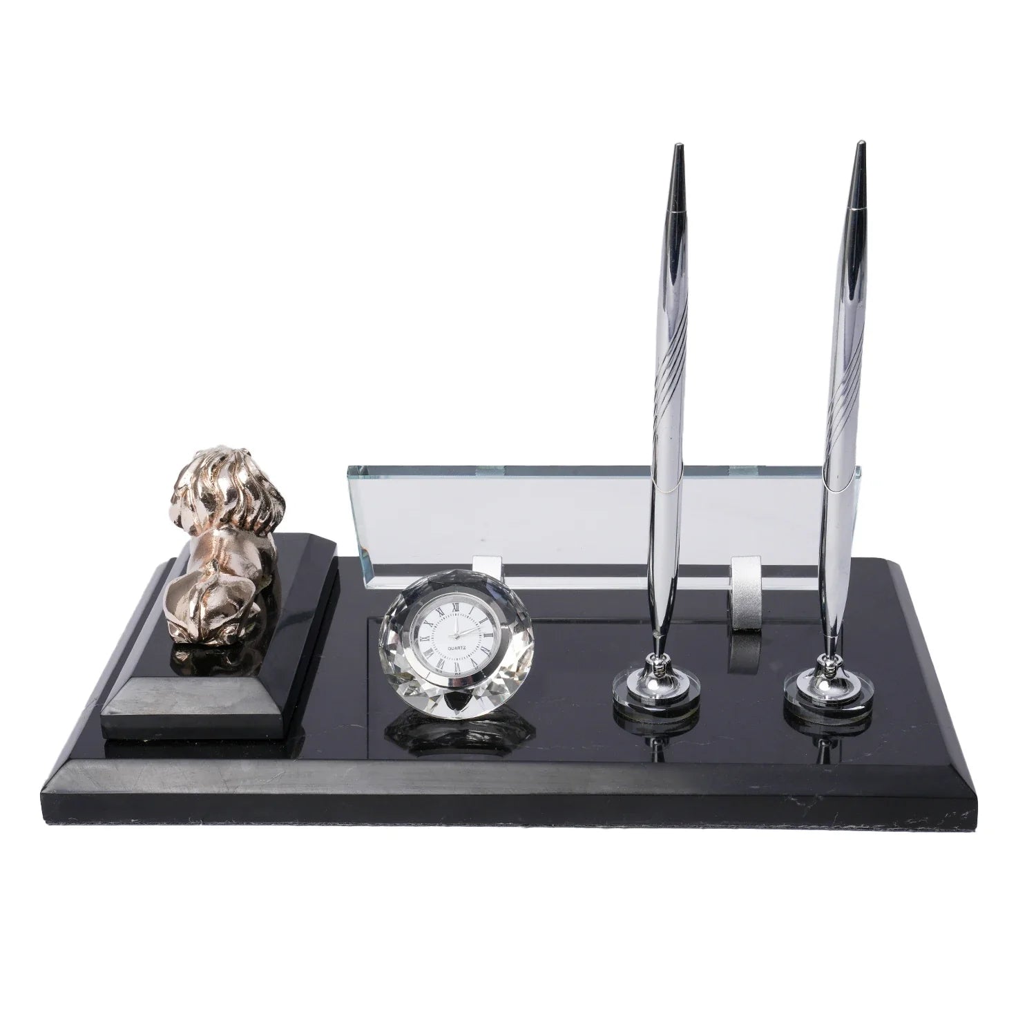Lion Black Marble Desk Nameplate Set with Silver Lion Decor & Dual Pen Holder – Personalized