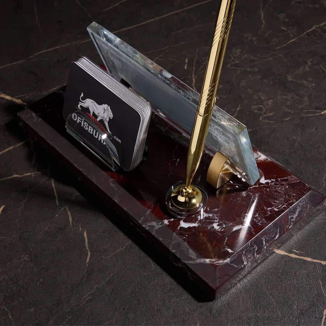 Burgundy Marble Desk Nameplate with Gold Pen – Personalized Office Nameplate