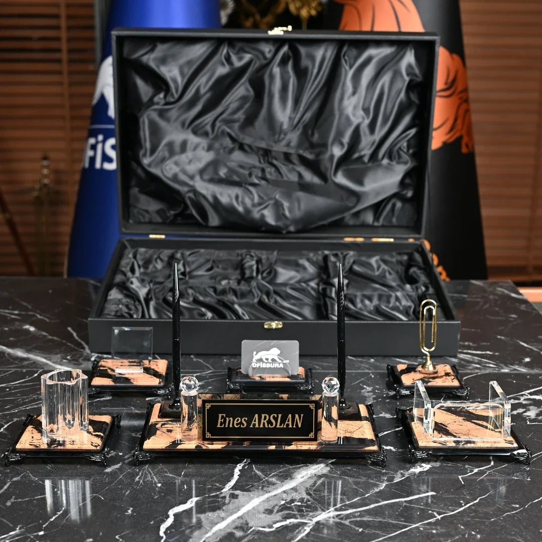 Napolion | Gift-Boxed 6-Piece Crystal Executive Desk Set with Personalized Nameplate – Orange & Gold
