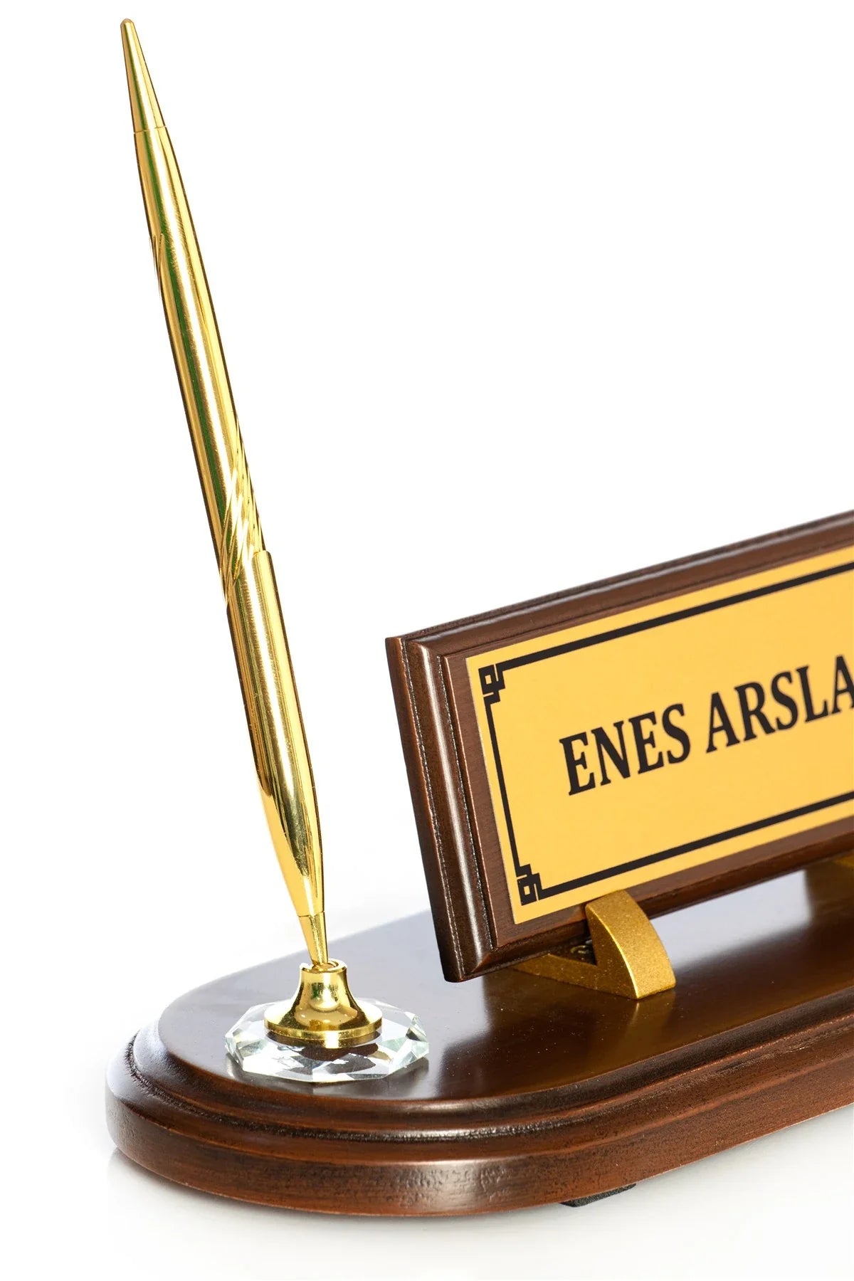 Brown Wooden Desk Nameplate Set with Single Pen Holder – Personalized