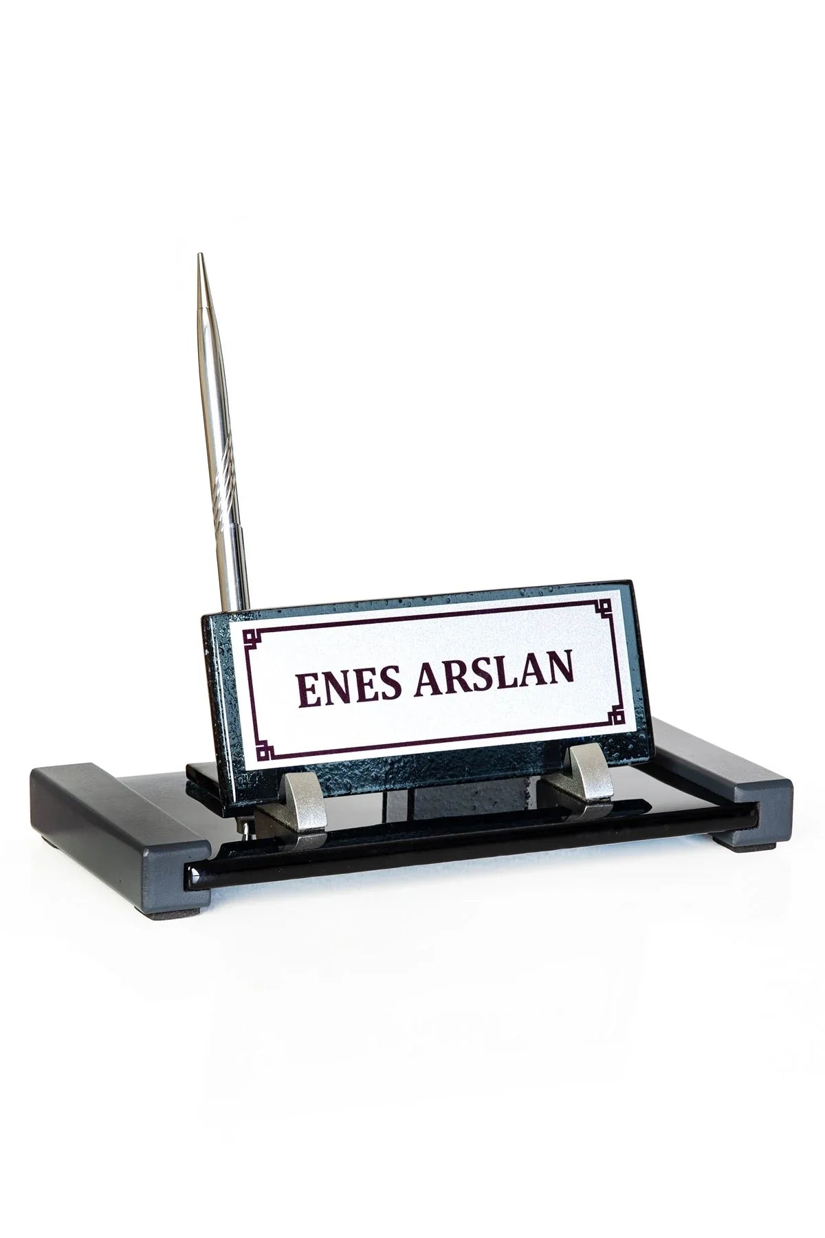 Anthracite Crystal Desk Nameplate Set with Single Pen Holder – Personalized