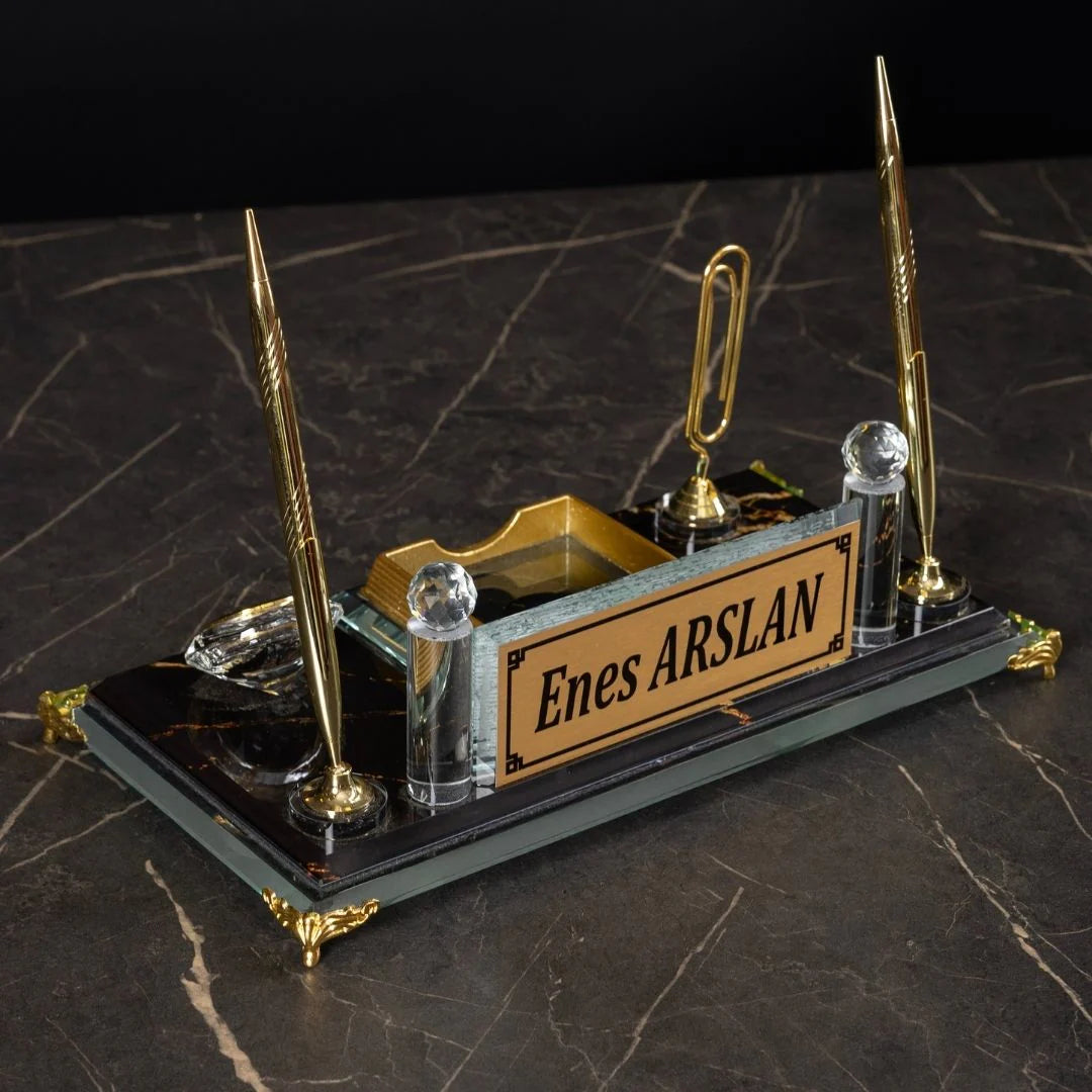 Marble-Pattern Gold Crystal Glass Desk Nameplate – Executive Office Nameplate with Dual Pen Holder