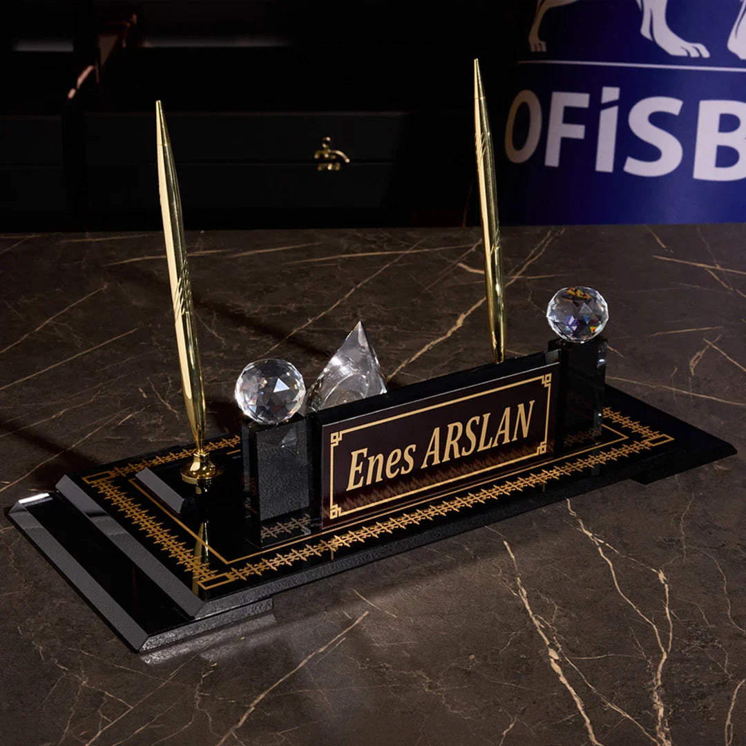 Diamond Personalized Crystal Executive Desk Nameplate Set – Black & Gold