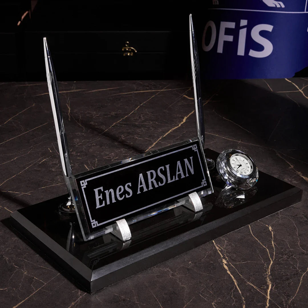 Signature Black Marble Desktop Nameplate Set with Clock & Dual Pen Holder – Personalized
