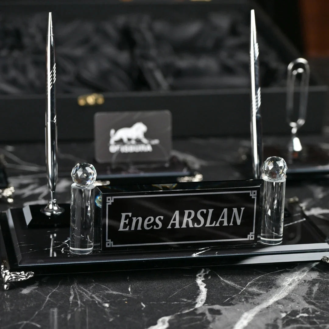 Zebra Black | Gift-Boxed 6-Piece Crystal Executive Desk Set with Personalized Nameplate – Black & Silver