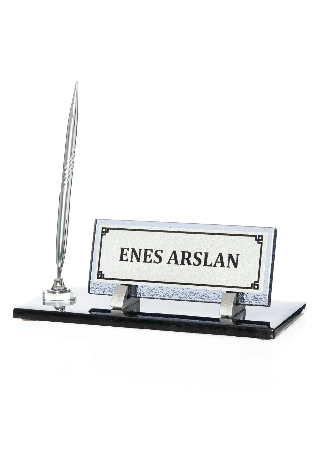 Silver Crystal Glass Desk Nameplate Set with Single Pen Holder – Personalized