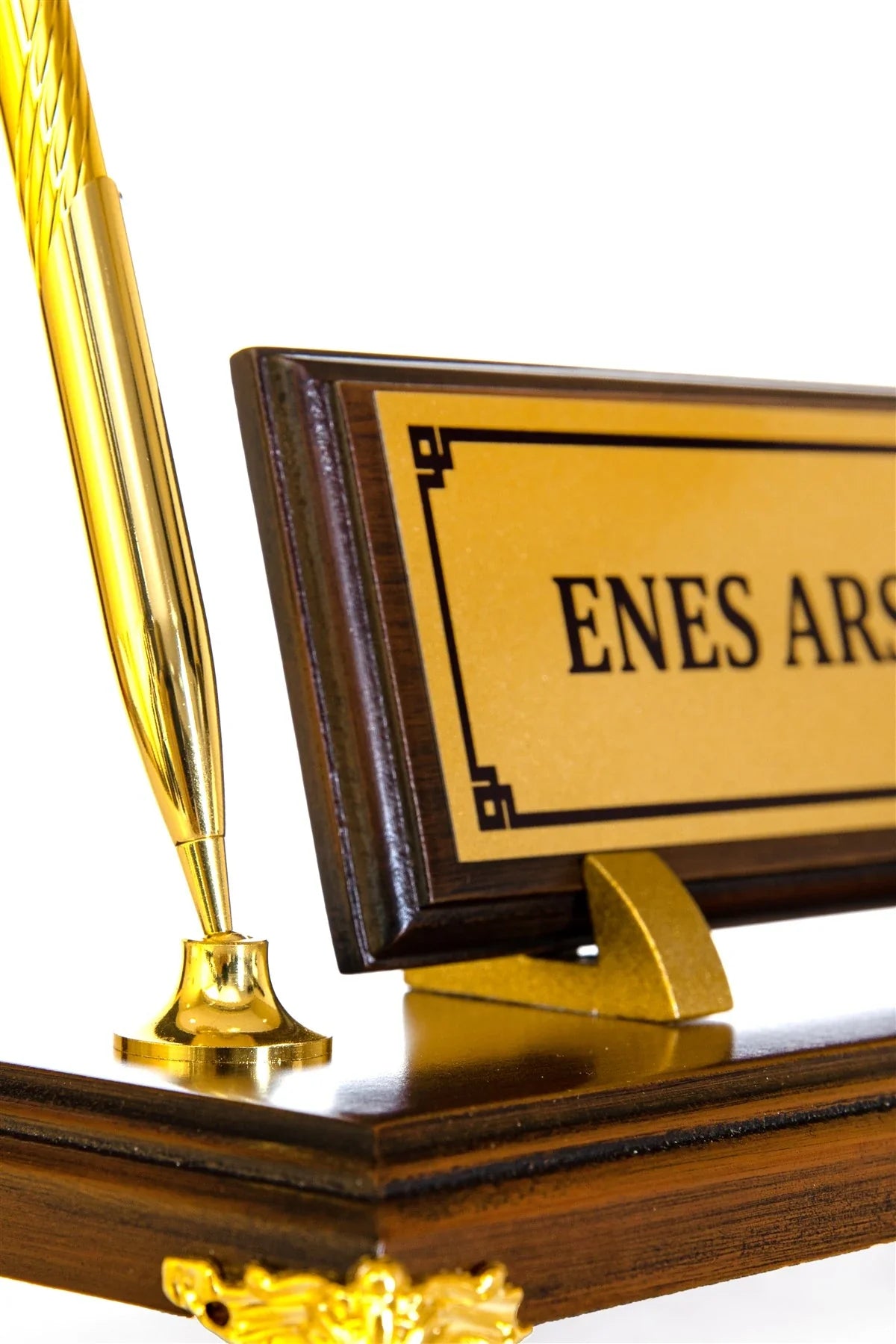 Gold-Base Wooden Desk Nameplate Set with Single Pen Holder – Personalized