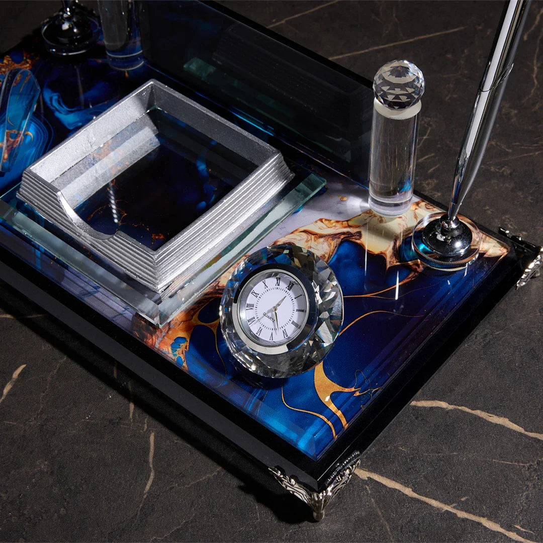 Sapphire Crystal Desktop Nameplate Set with Clock, Notepad Holder & Dual Pen Holder – Personalized