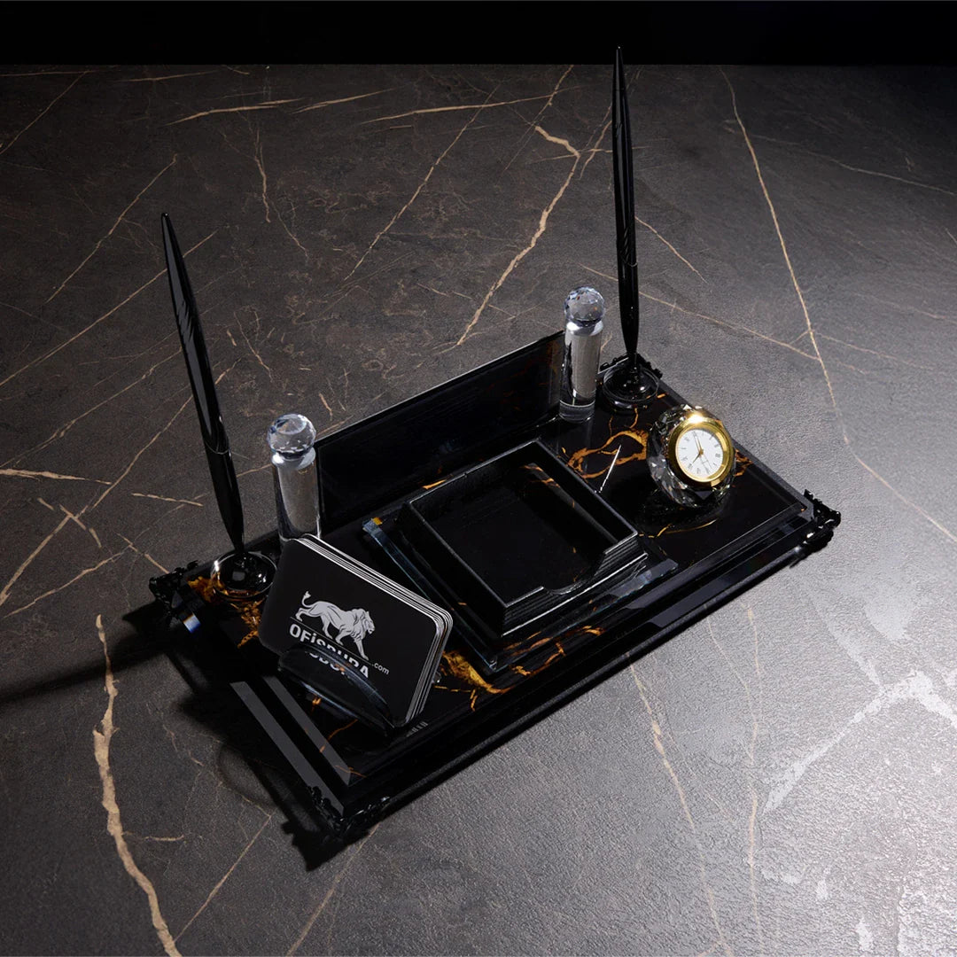 Nero Black Crystal Desktop Nameplate Set with Clock, Notepad Holder & Dual Pen Holder – Personalized