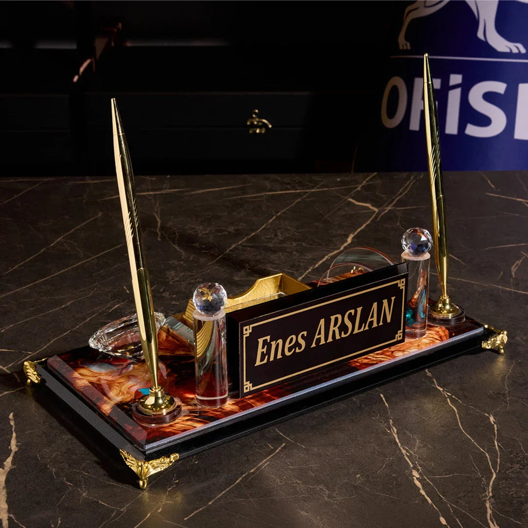 Royalty Crystal Desktop Nameplate Set with Clock, Notepad Holder & Dual Pen Holder – Personalized