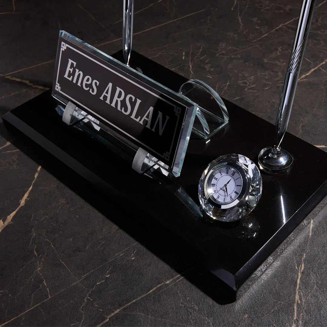 Signature Black Marble Desktop Nameplate Set with Clock & Dual Pen Holder – Personalized