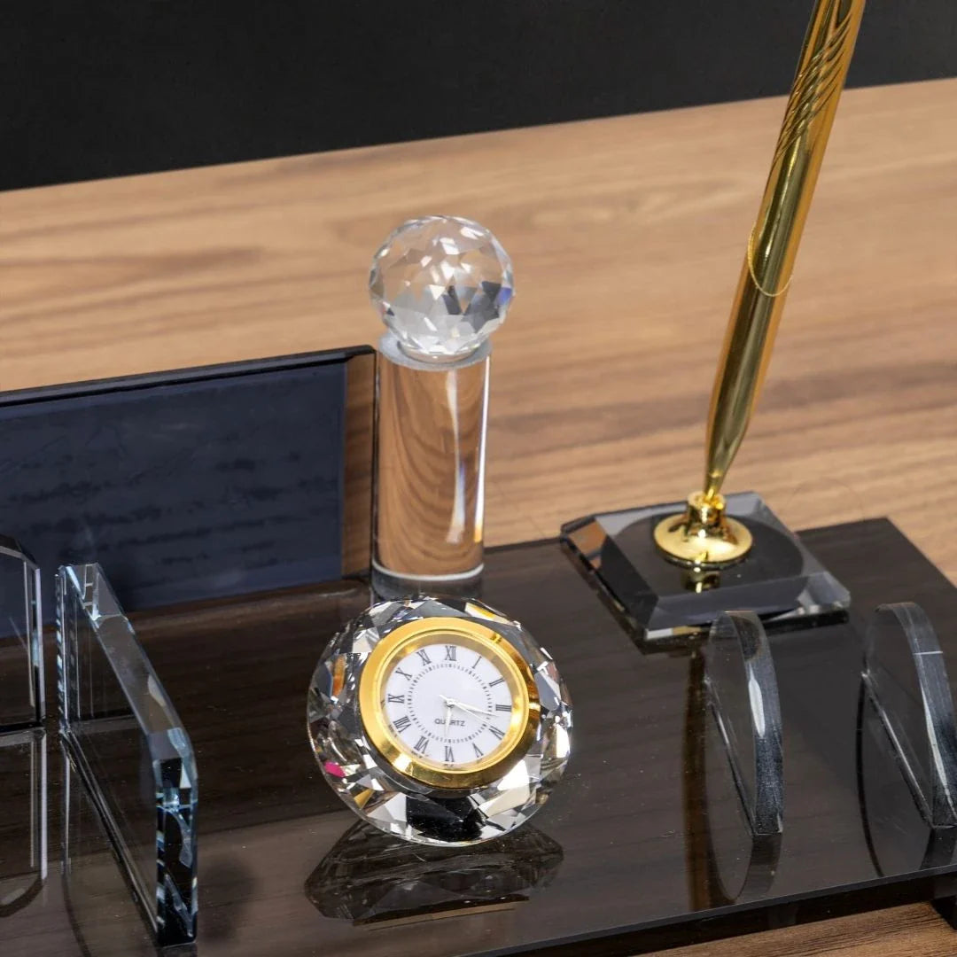 Elite Crystal | 7-Piece Crystal Desk Set & Personalized Nameplate – Gold Accents