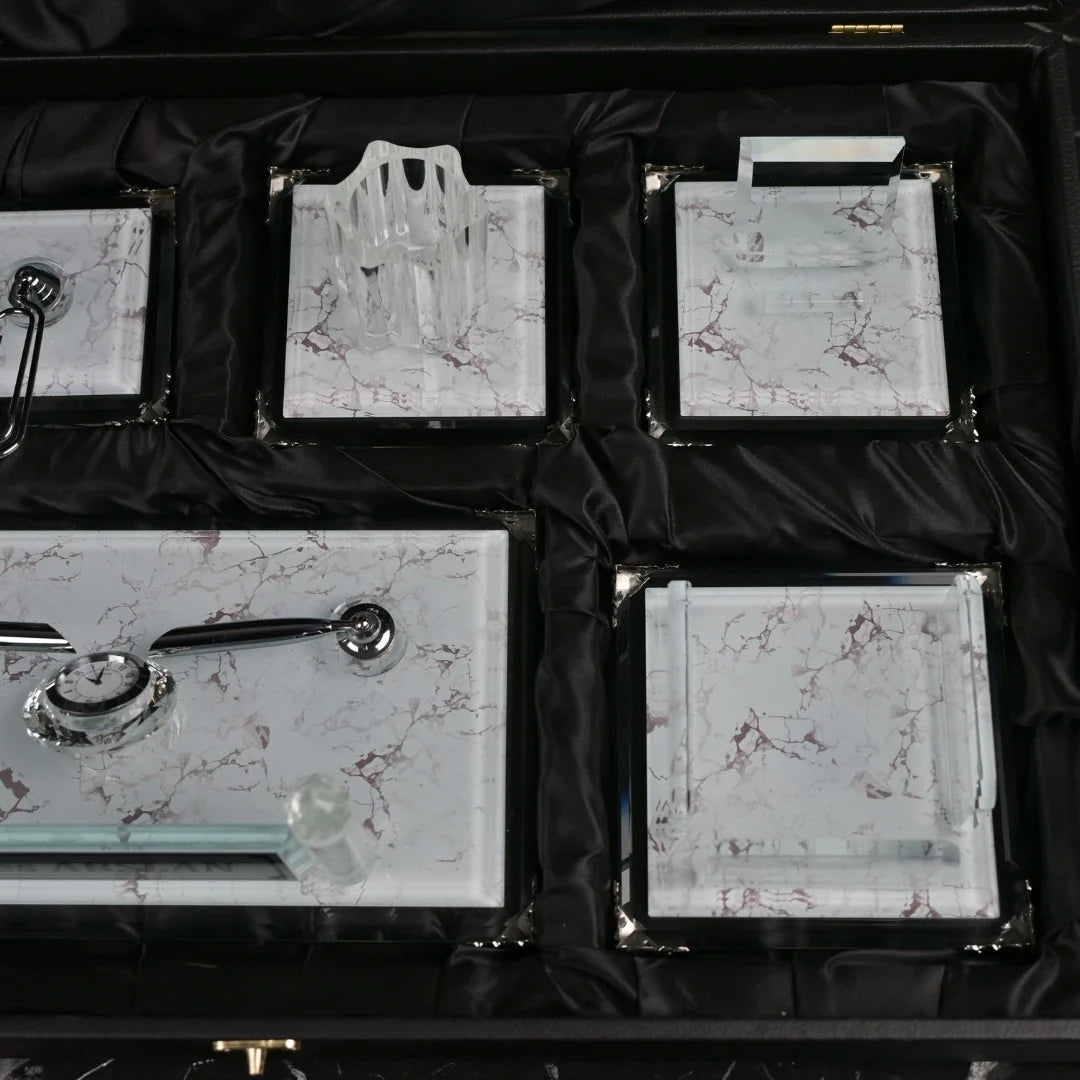 Pearl | Gift-Boxed 6-Piece Crystal Executive Desk Set with Personalized Nameplate – White & Silver