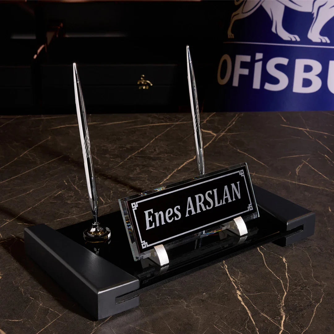 Anthracite | Crystal Desk Nameplate with Wood Base – Office Desktop Nameplate