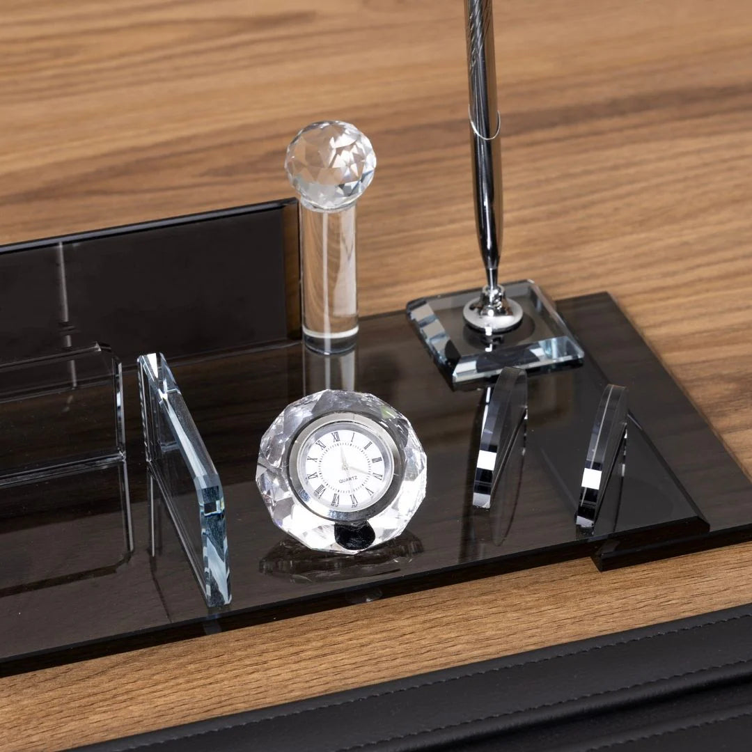 Elite Crystal | 7-Piece Crystal Desk Set & Personalized Nameplate – Silver Accents