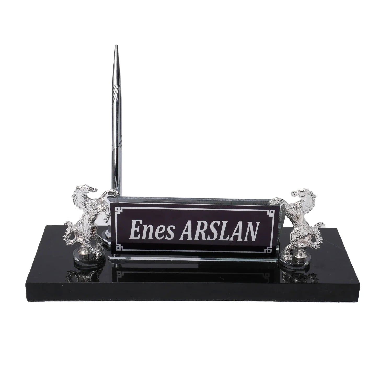 Rearing Horse Black Marble Desk Nameplate Set with Silver Horse Figures & Pen Holder – Personalized