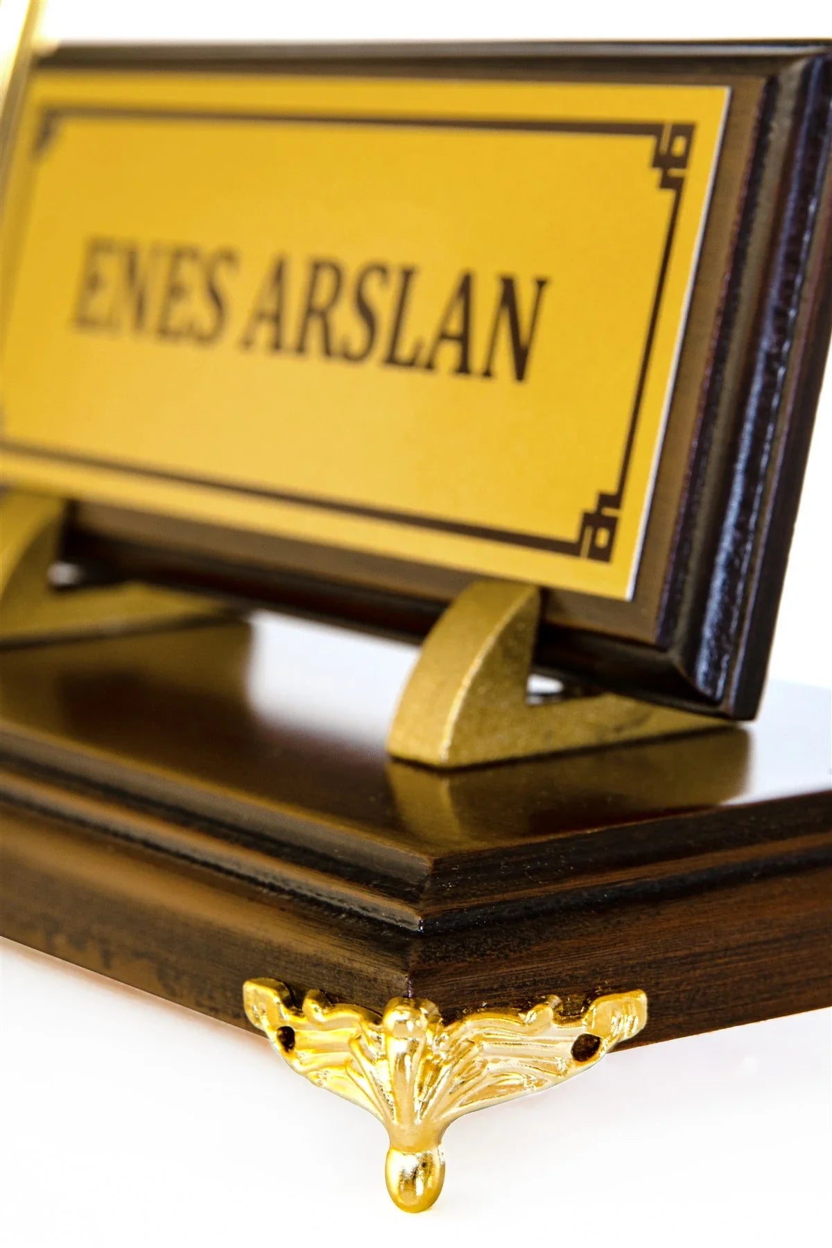 Gold-Base Wooden Desk Nameplate Set with Single Pen Holder – Personalized