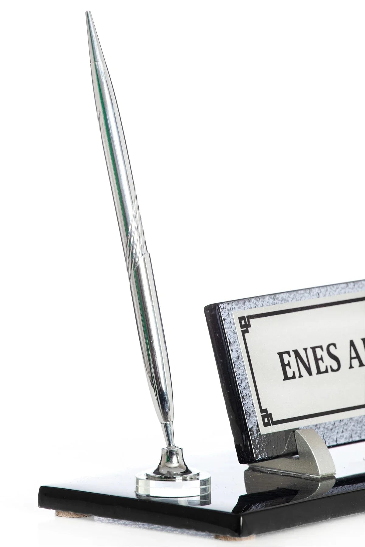 Silver Crystal Glass Desk Nameplate Set with Single Pen Holder – Personalized