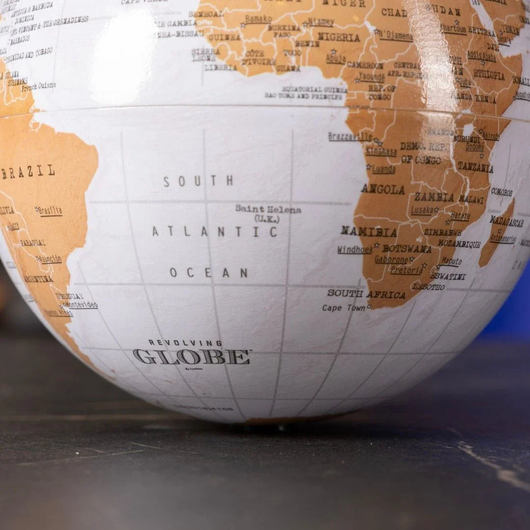 360° Automatic Rotating World Globe – Brown & White, 5.9"
