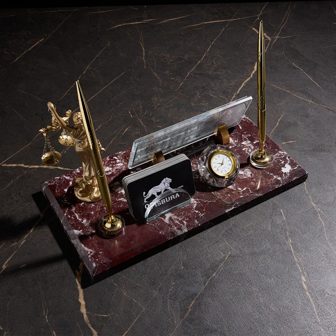 Marble Desk Nameplate with Scales of Justice – Burgundy