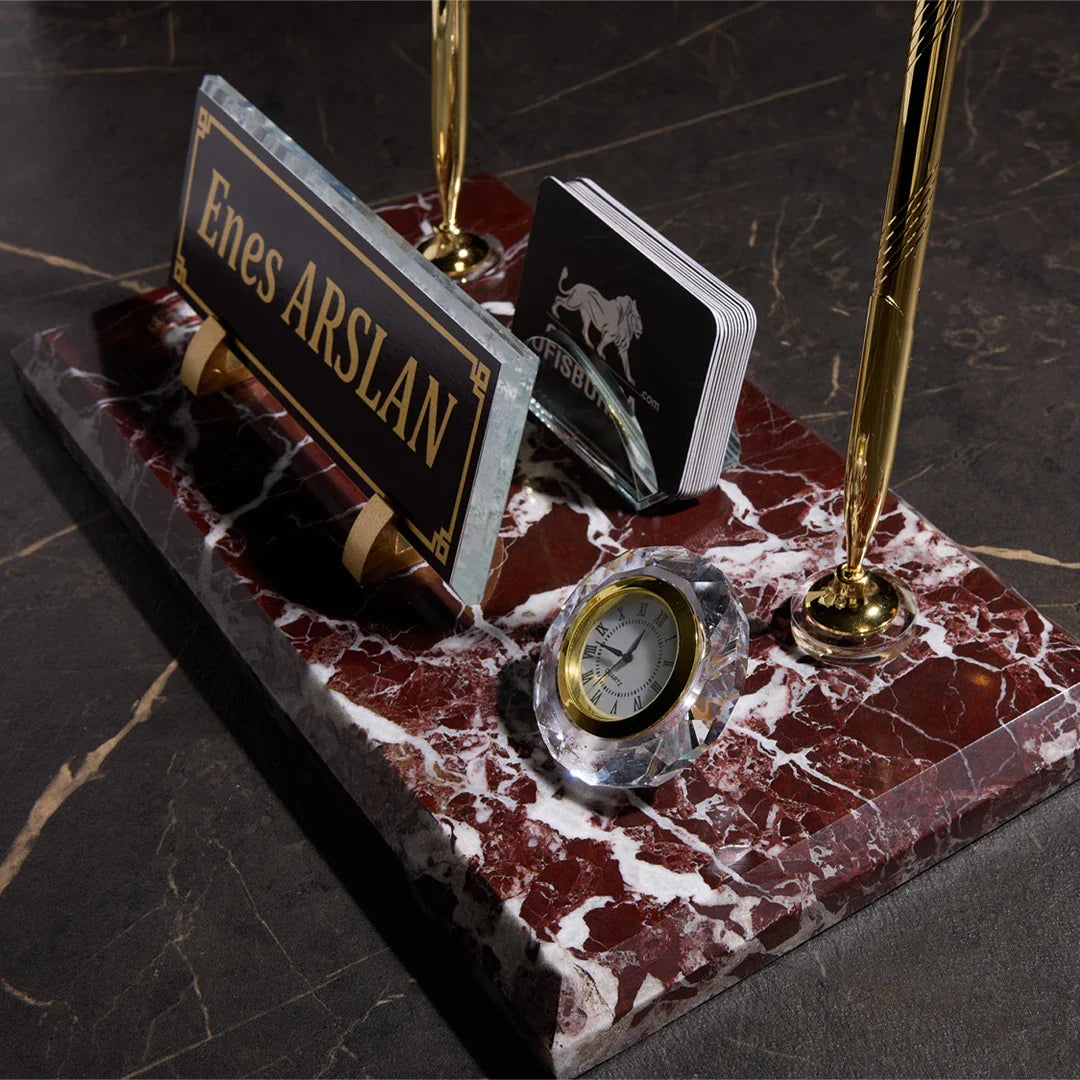Burgundy Marble Desktop Nameplate Set with Clock & Dual Pen Holder – Personalized