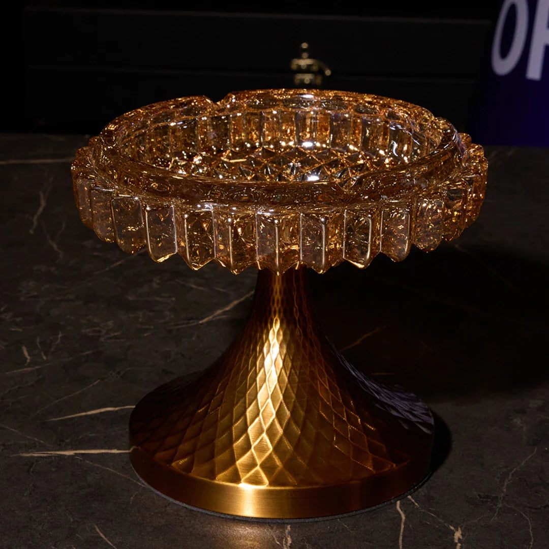 Elegant Series Sapphire Footed Crystal Ashtray & Candy Dish – Amber Gold, 5.9"