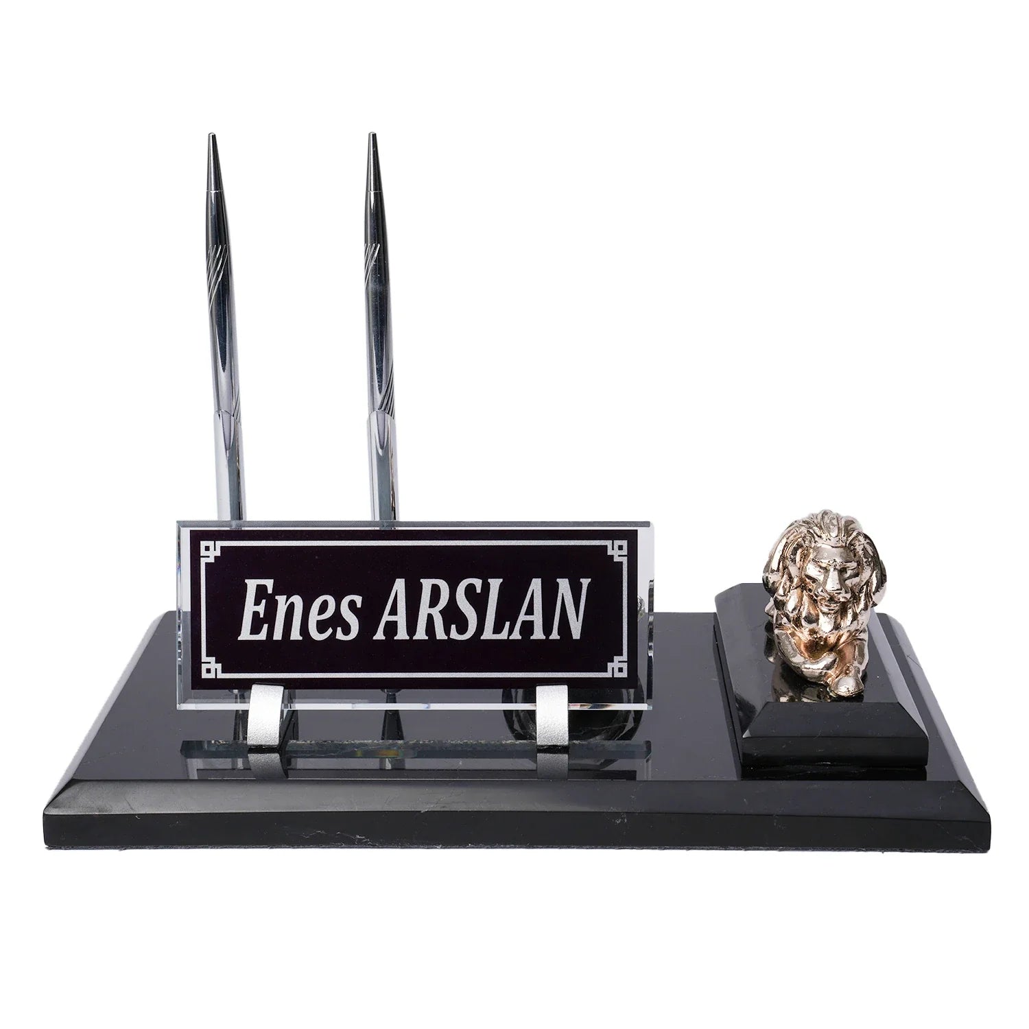 Lion Black Marble Desk Nameplate Set with Silver Lion Decor & Dual Pen Holder – Personalized