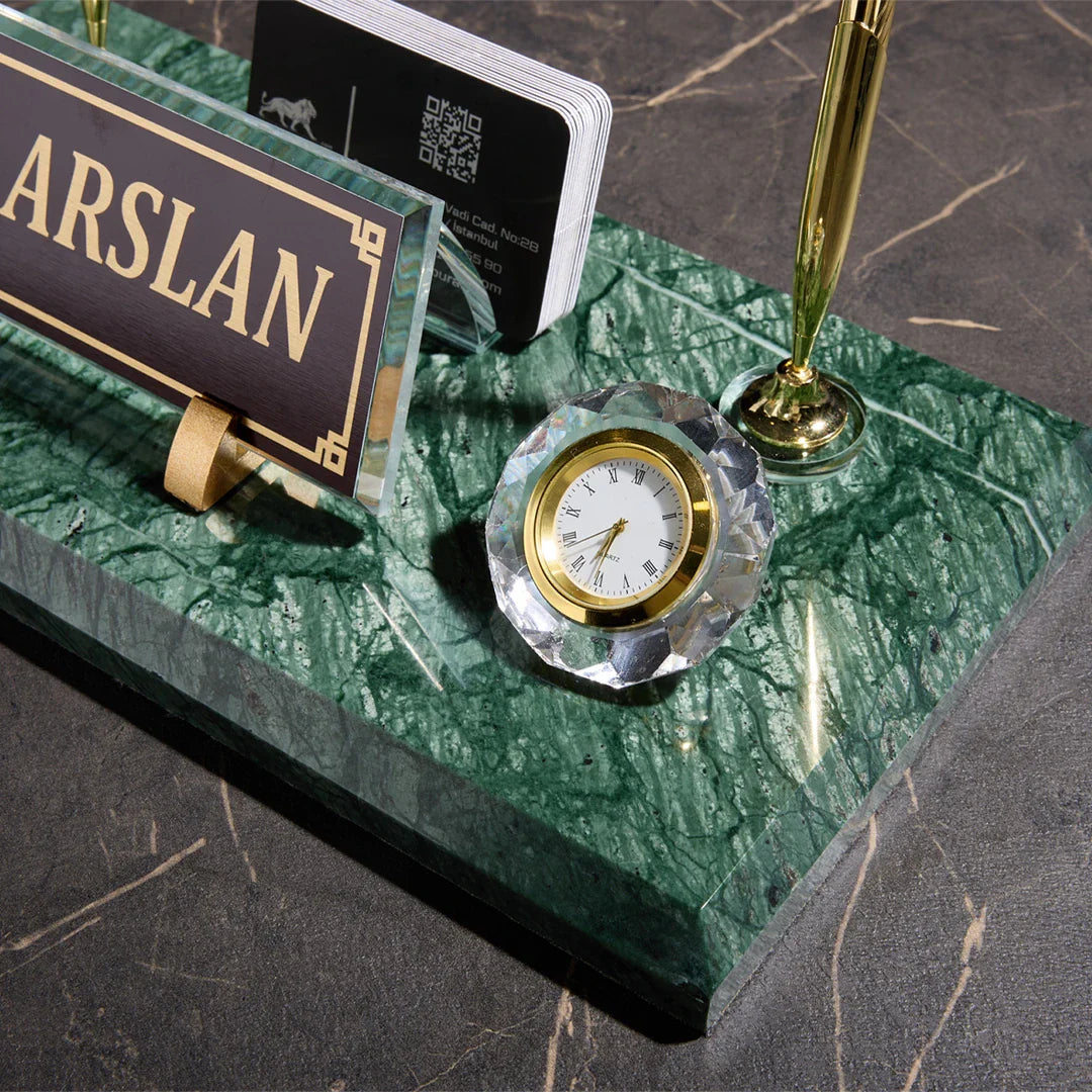Signature Emerald Marble Desktop Nameplate Set with Clock & Dual Pen Holder – Personalized