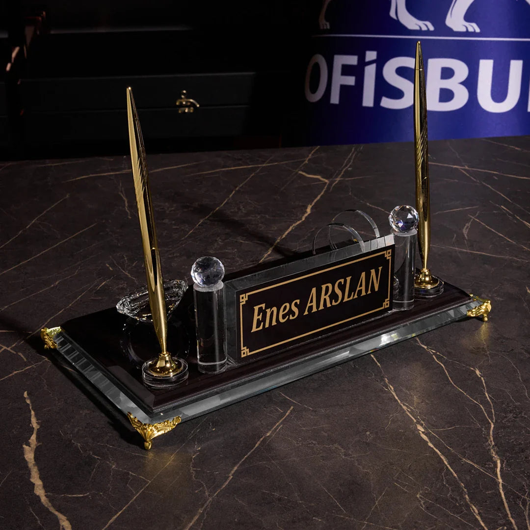 Ottoman Crest Crystal Desktop Nameplate Set with Clock & Dual Pen Holder – Personalized