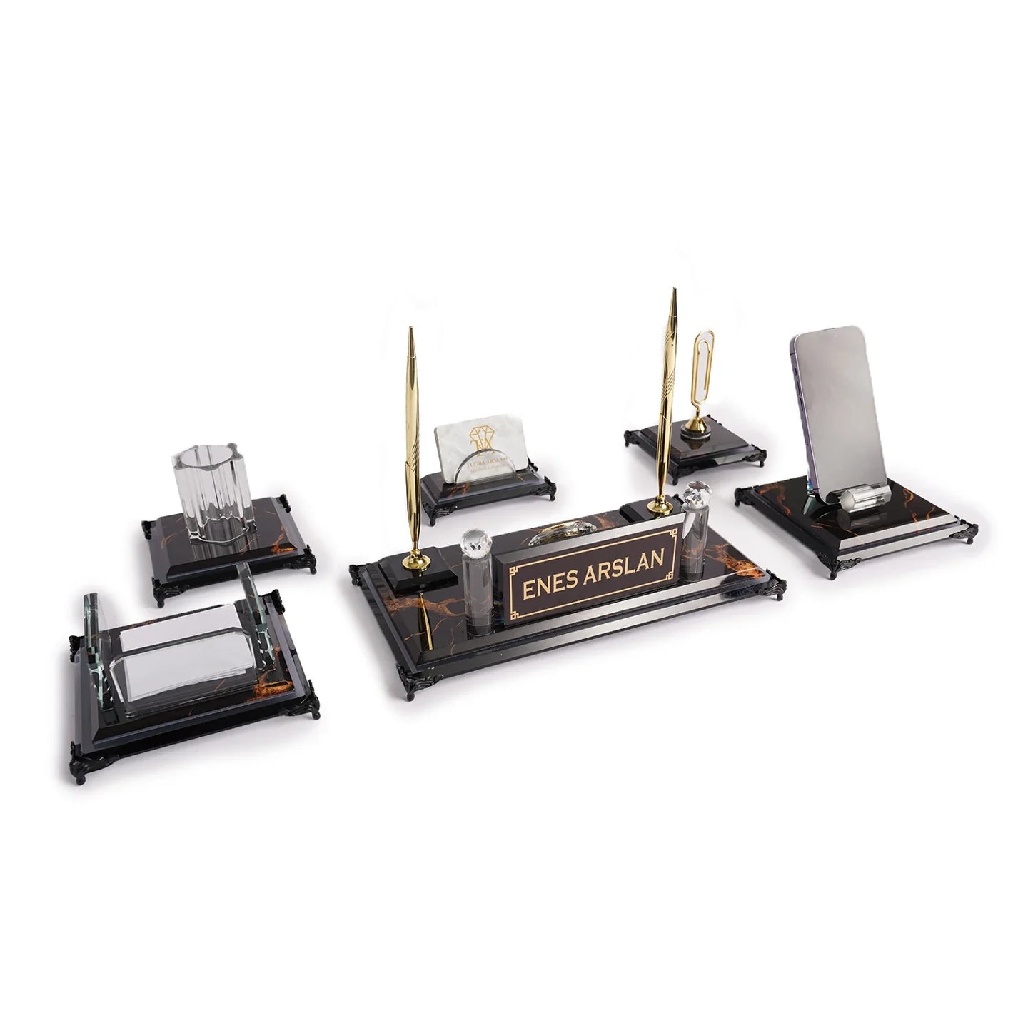 Nero | Gift-Boxed 6-Piece Crystal Desk Set & Personalized Nameplate