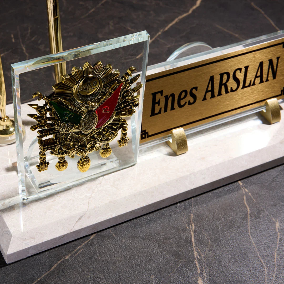 Ottoman Crest Marble Desktop Nameplate Set – Personalized, with Dual Pen Holder, Cream