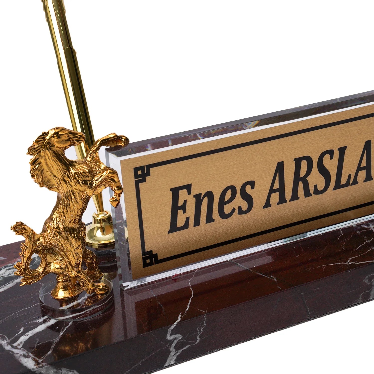 Rearing Horse Burgundy Marble Desk Nameplate Set with Gold Horse Figures & Pen Holder – Personalized