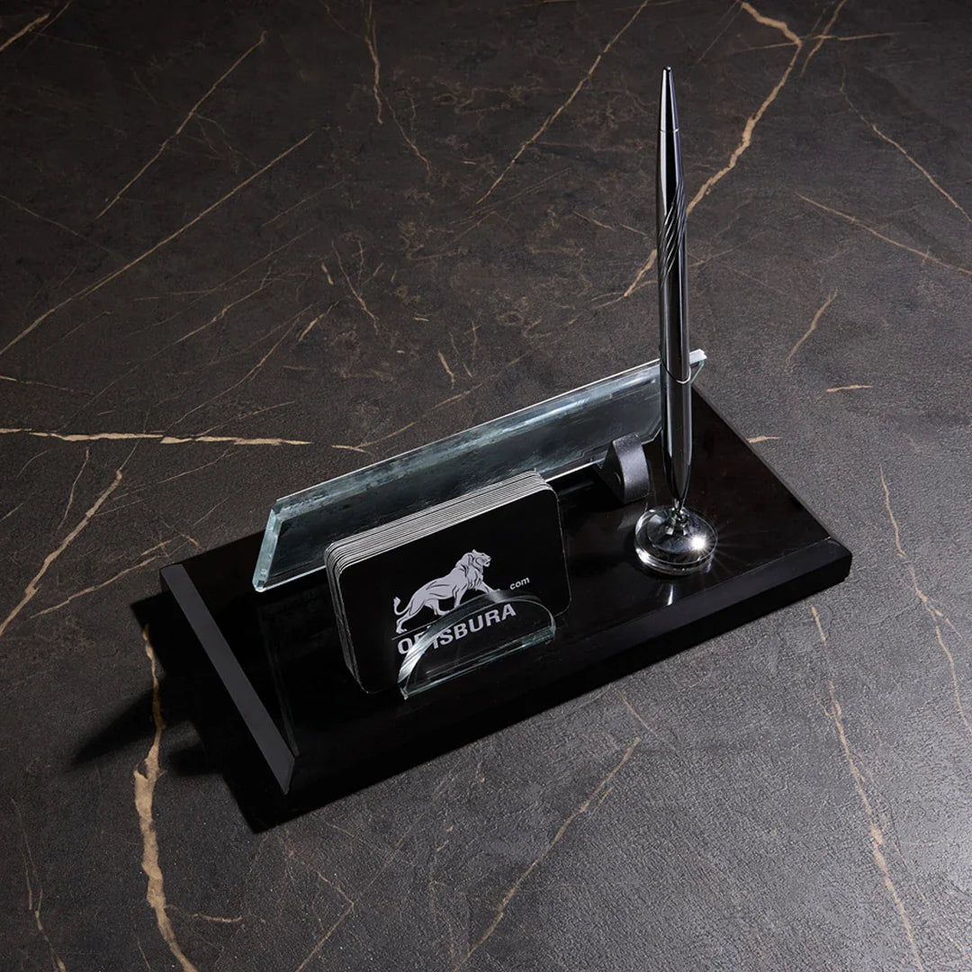 Black Marble Desktop Nameplate Set with Silver Pen Holder – Personalized