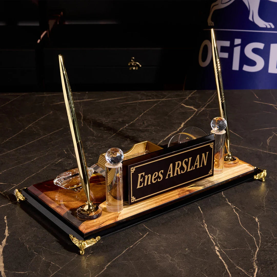 Siena Crystal Desktop Nameplate Set with Clock, Notepad Holder & Dual Pen Holder – Personalized